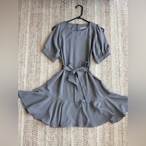 Dusty blue Ruffled chiffon Dress with Belt